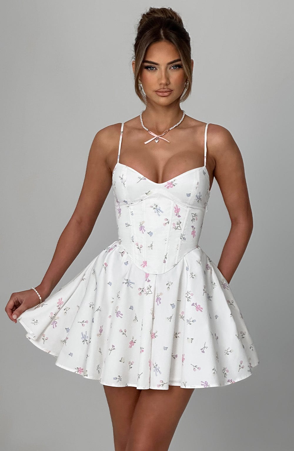 Fioreclo Analise Mini Dress in White Multi Floral Print