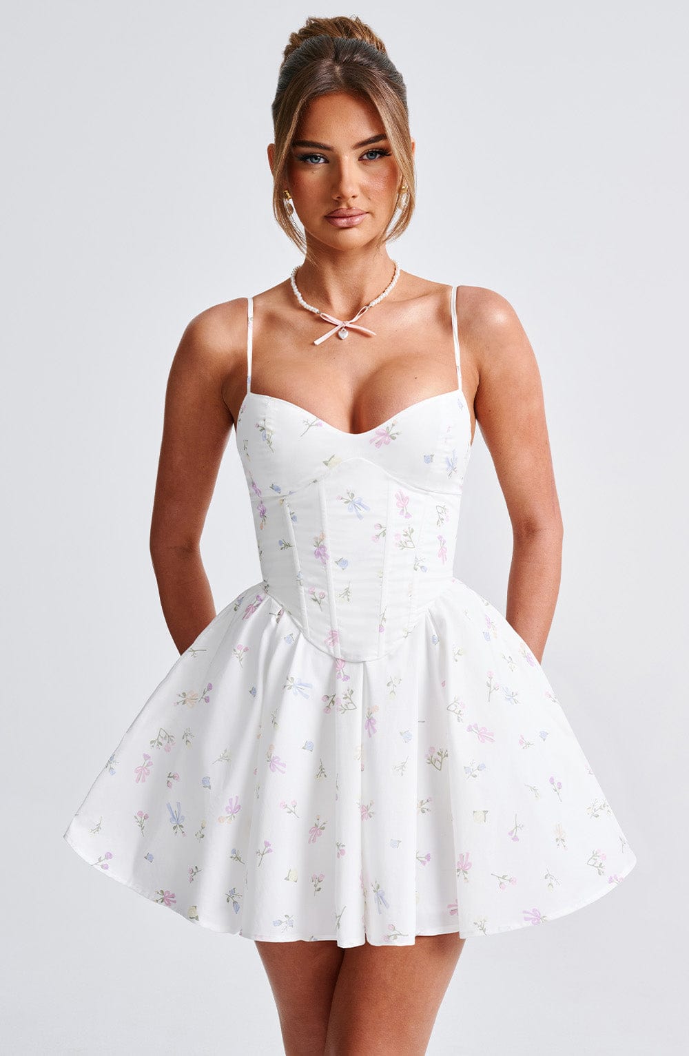 Fioreclo Analise Mini Dress in White Multi Floral Print