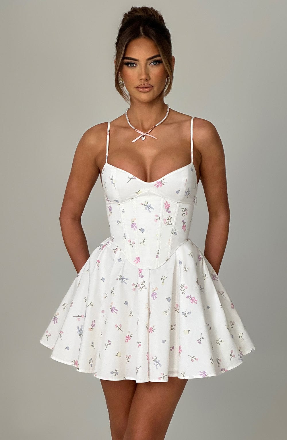 Flourenne Analise Mini Dress in White Multi Floral Print