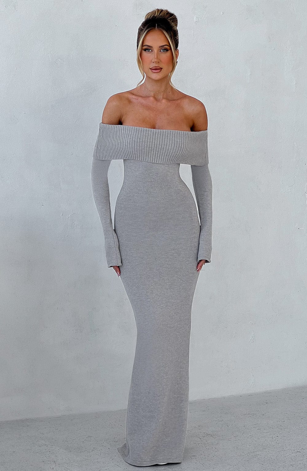 Flourenne Beverly Knit Maxi Dress in Light Grey Marl
