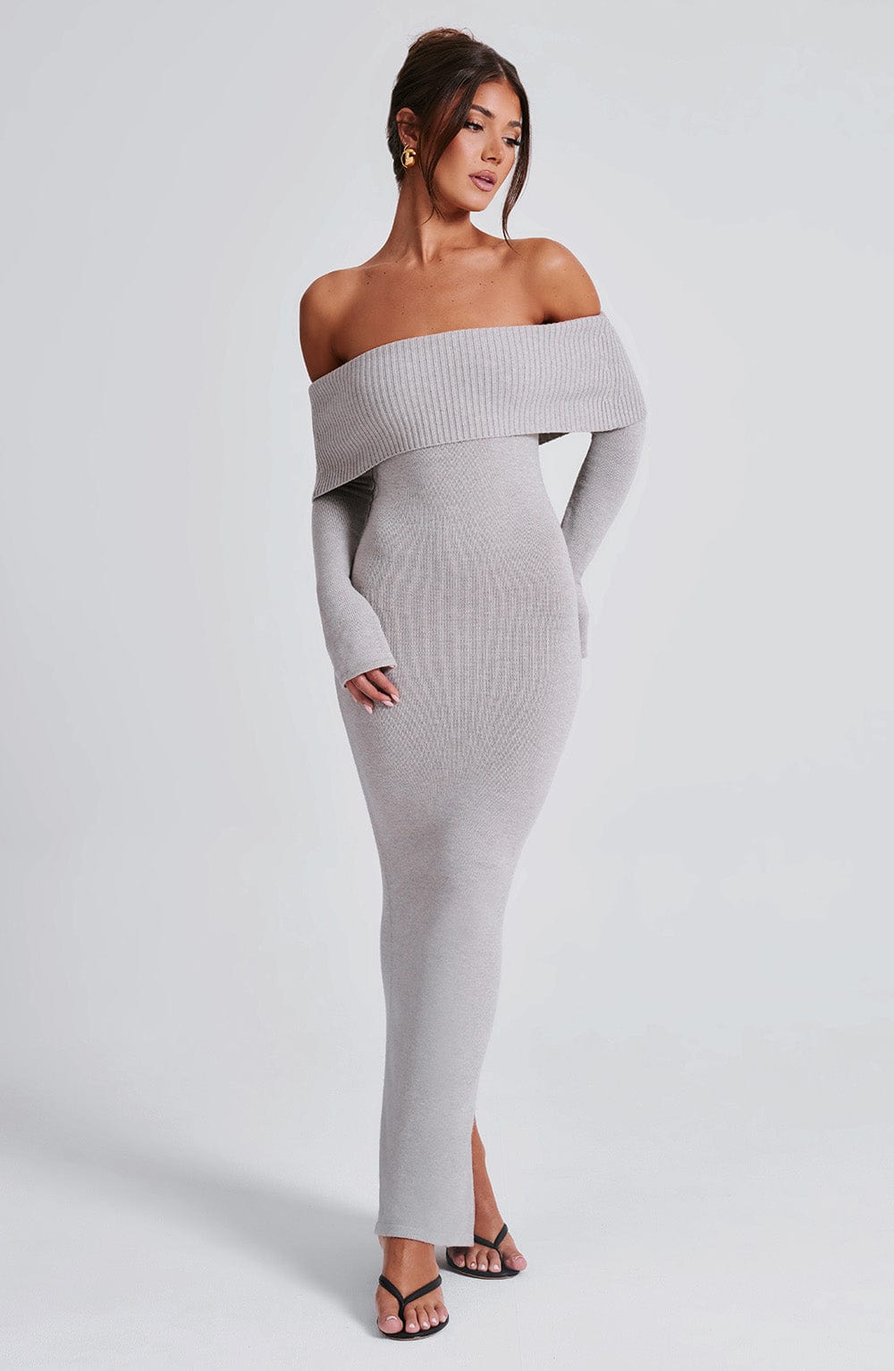 Flourenne Beverly Knit Maxi Dress in Light Grey Marl
