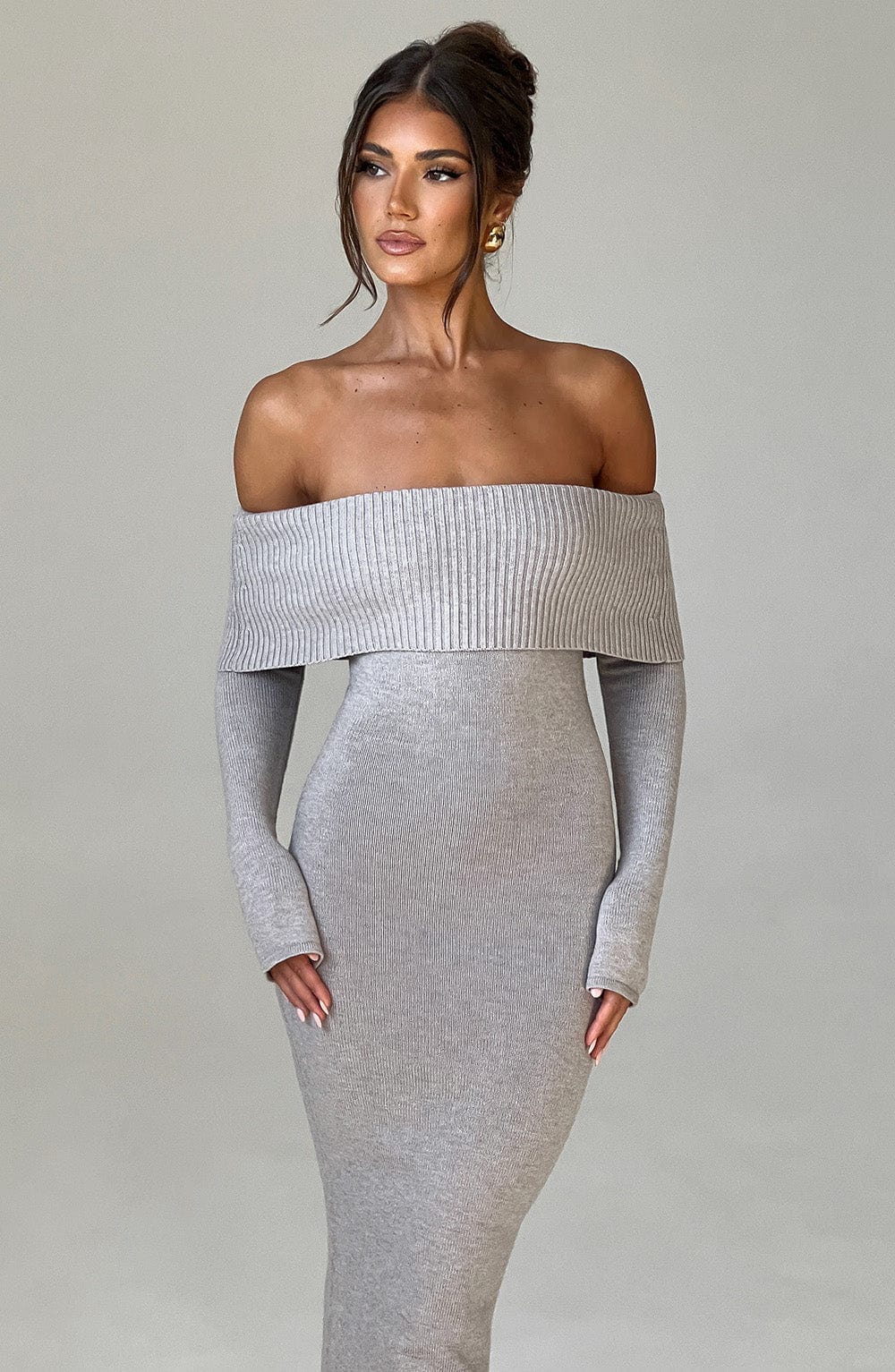 Flourenne Beverly Knit Maxi Dress in Light Grey Marl