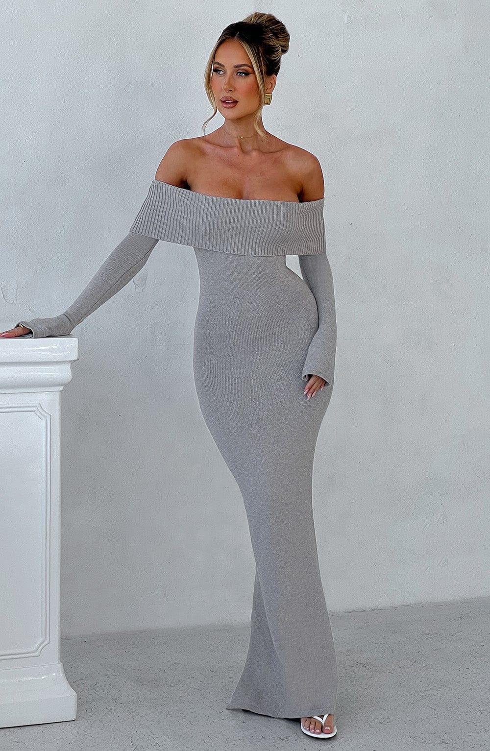 Flourenne Beverly Knit Maxi Dress in Light Grey Marl