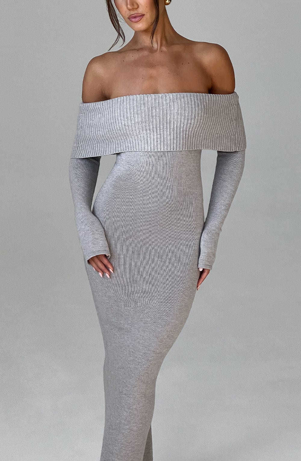 Flourenne Beverly Knit Maxi Dress in Light Grey Marl