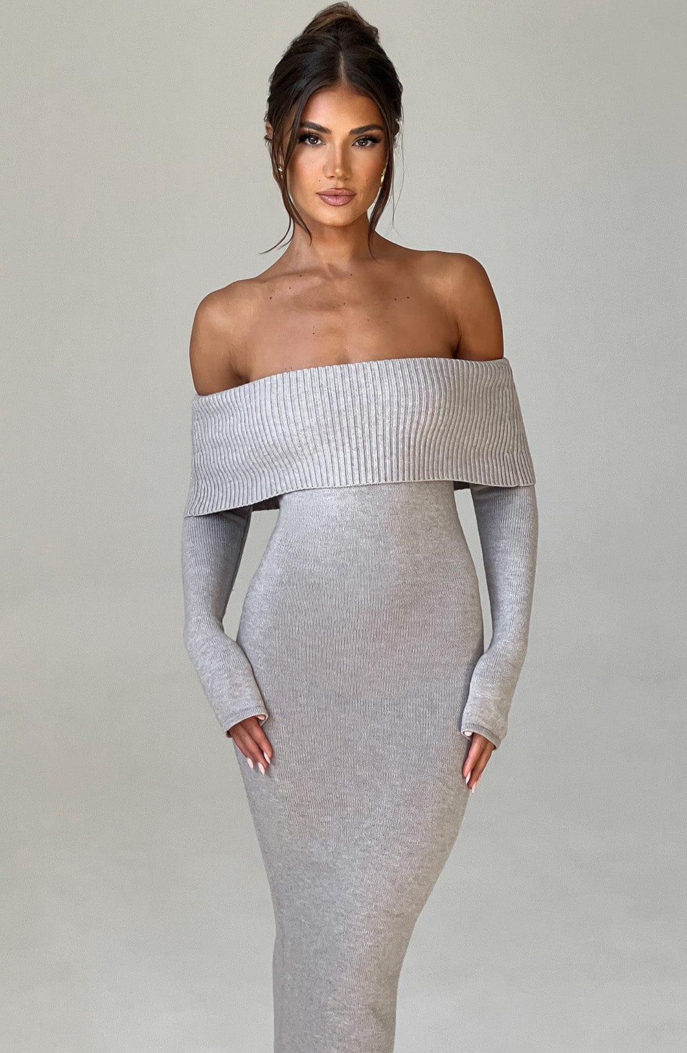 Flourenne Beverly Knit Maxi Dress in Light Grey Marl