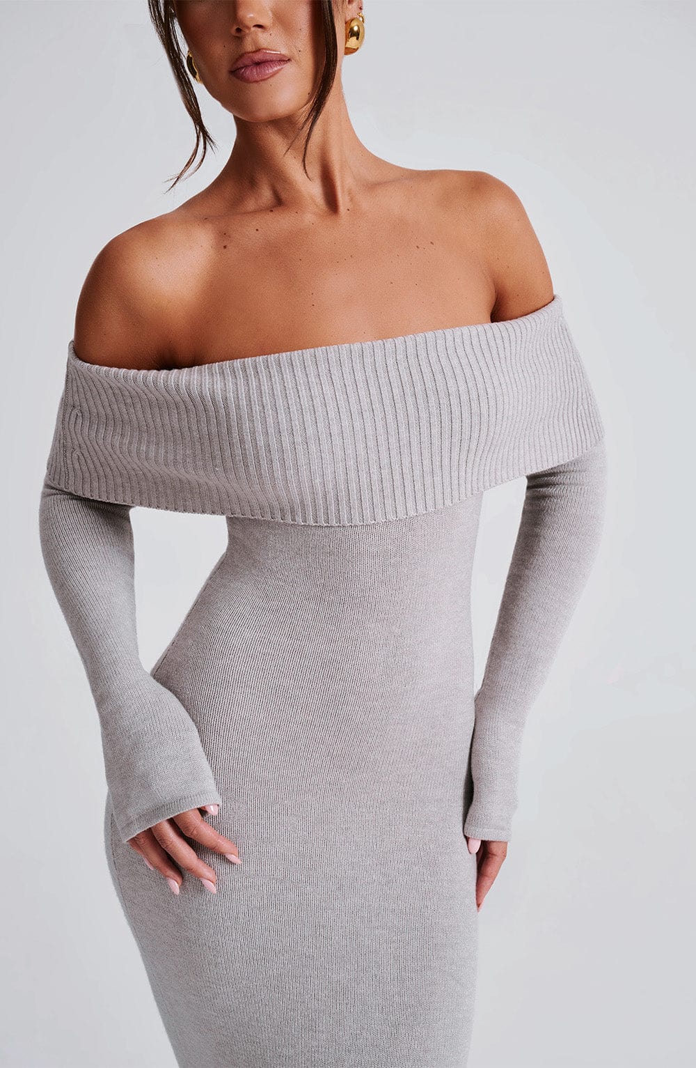 Flourenne Beverly Knit Maxi Dress in Light Grey Marl