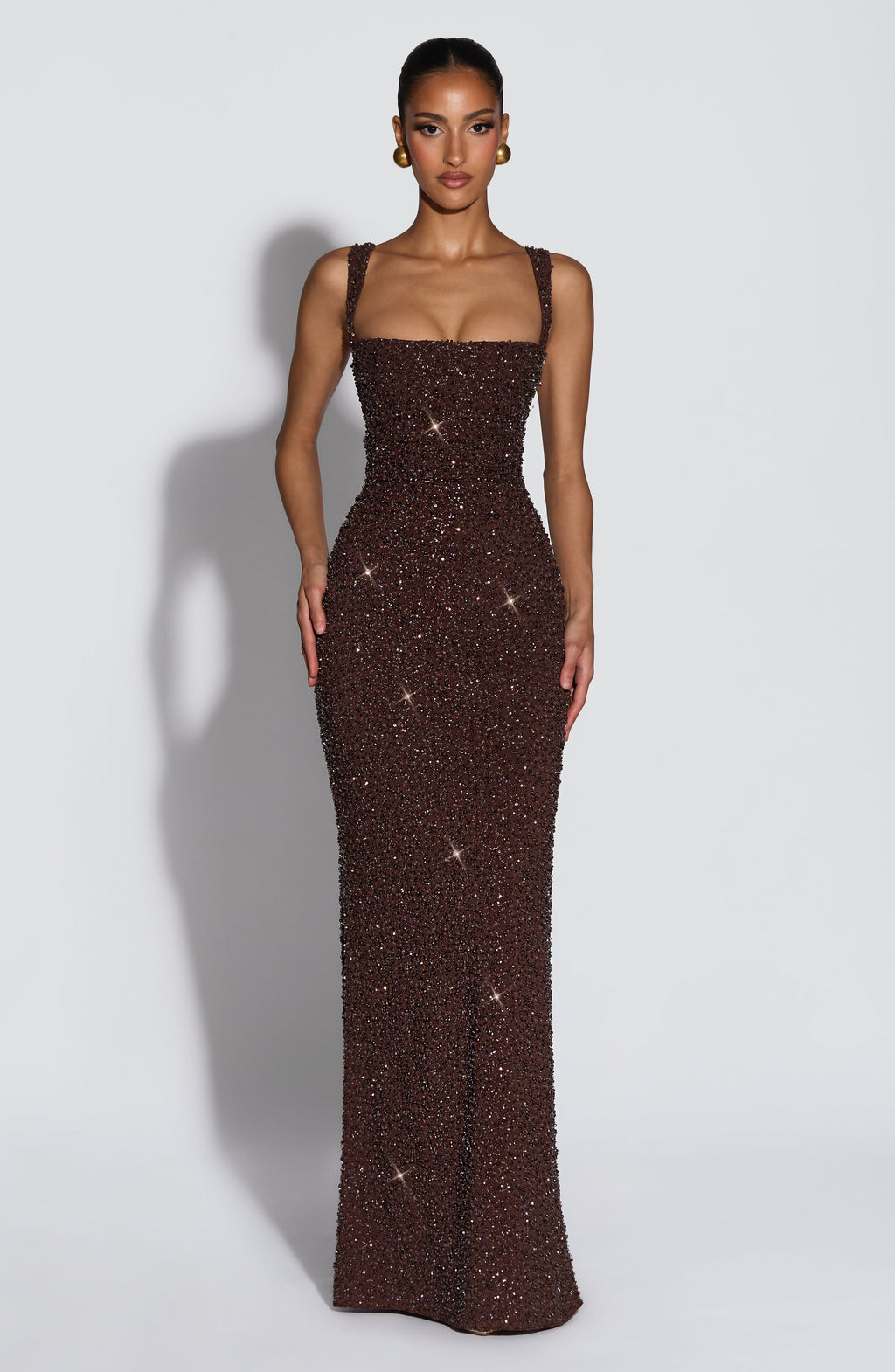 Flourenne Calandra Maxi Dress in Plum Brown Sparkle