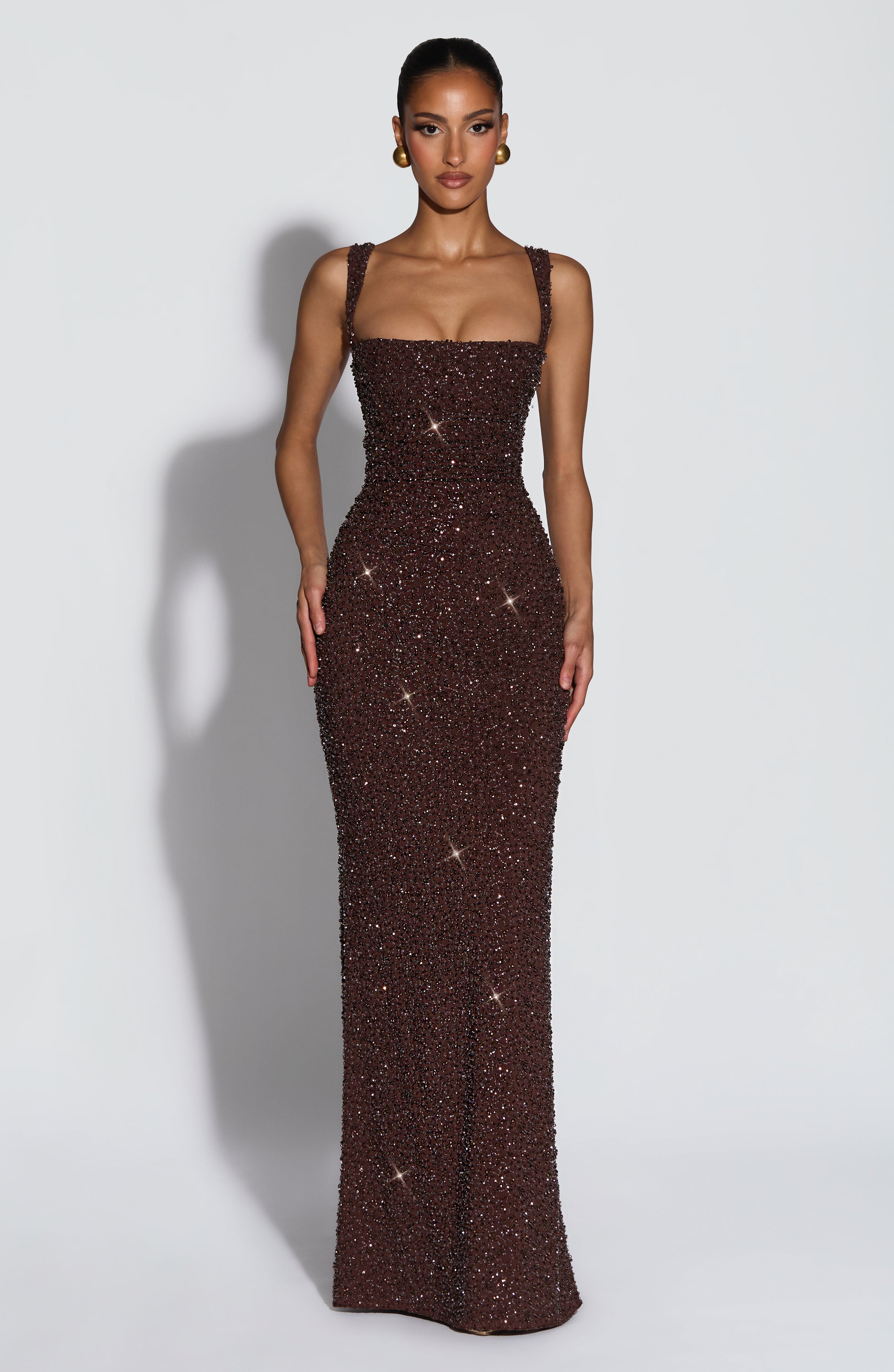 Flourenne Calandra Maxi Dress in Plum Brown Sparkle