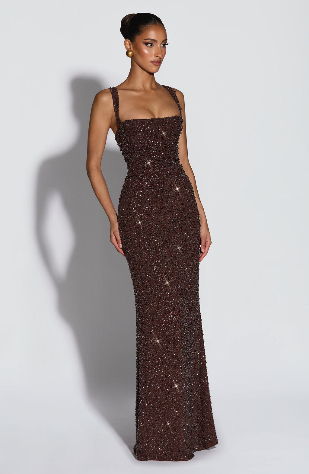 Flourenne Calandra Maxi Dress in Plum Brown Sparkle