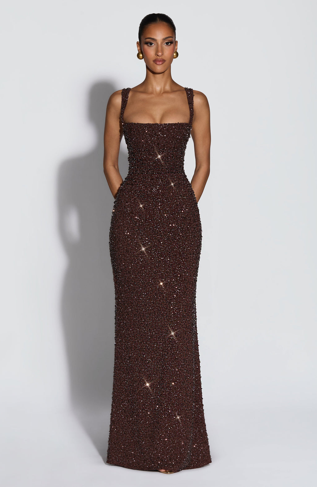 Flourenne Calandra Maxi Dress in Plum Brown Sparkle