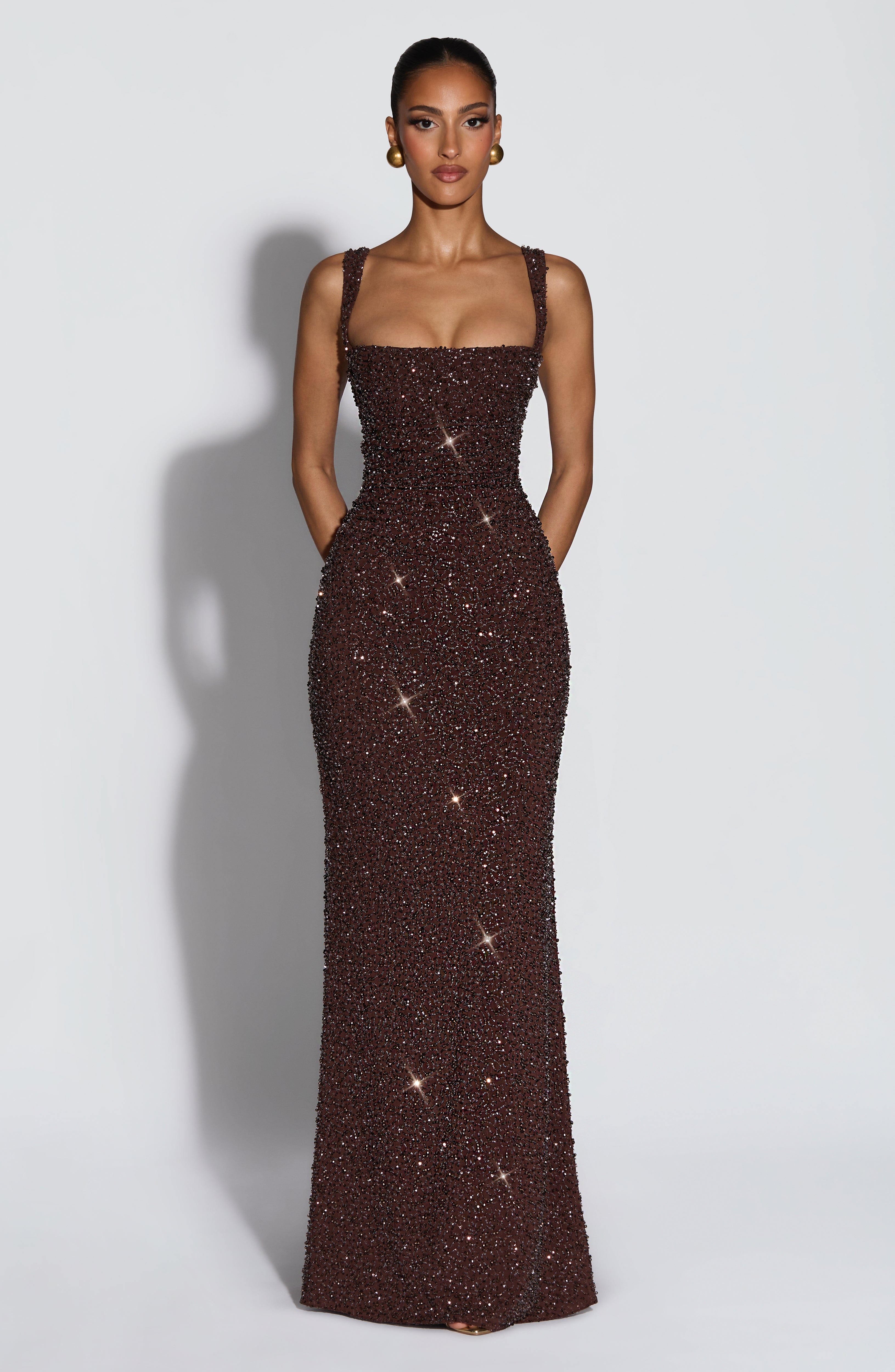 Flourenne Calandra Maxi Dress in Plum Brown Sparkle