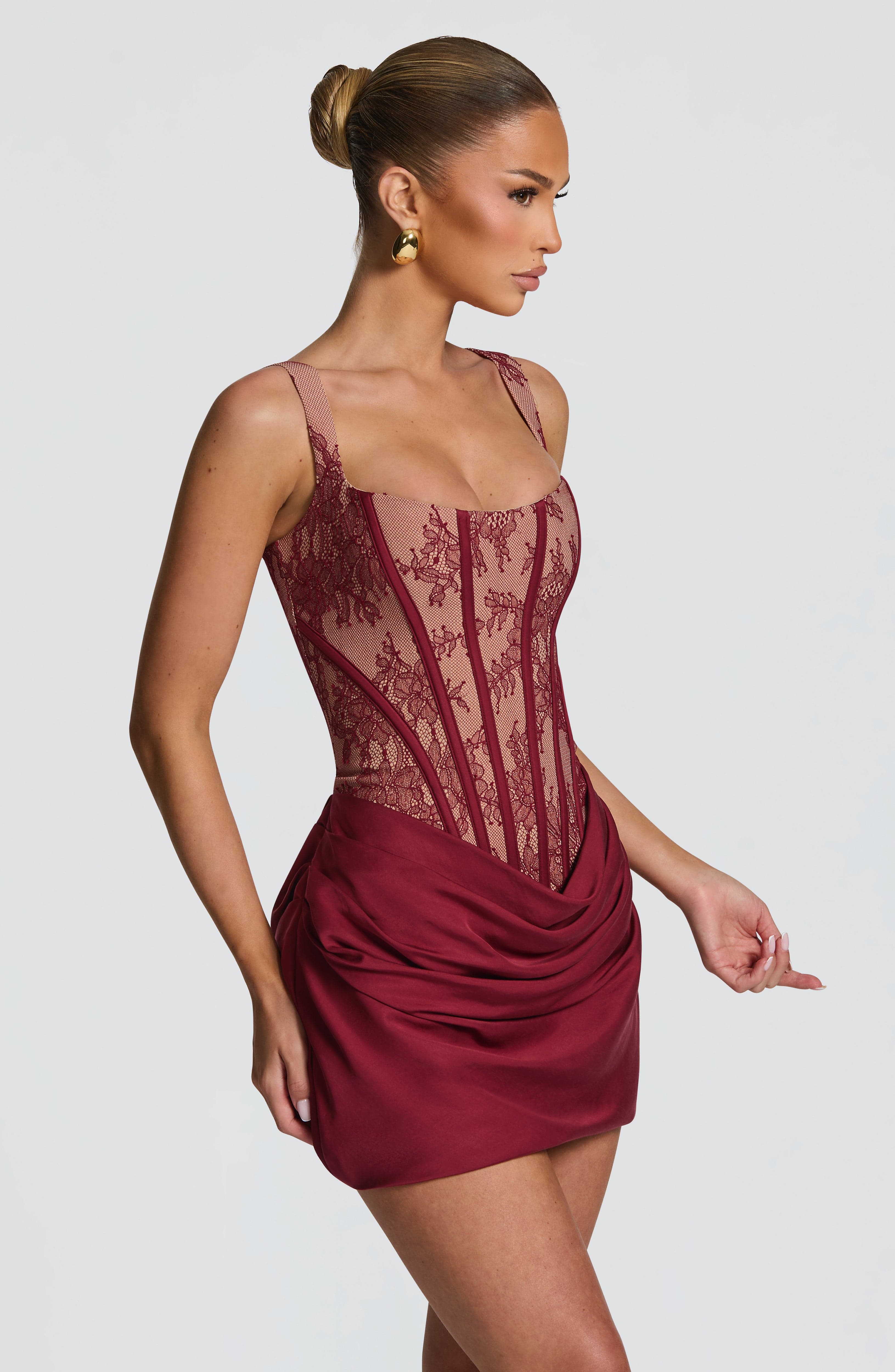 Flourenne Cornessa Mini Dress in Burgundy Lace