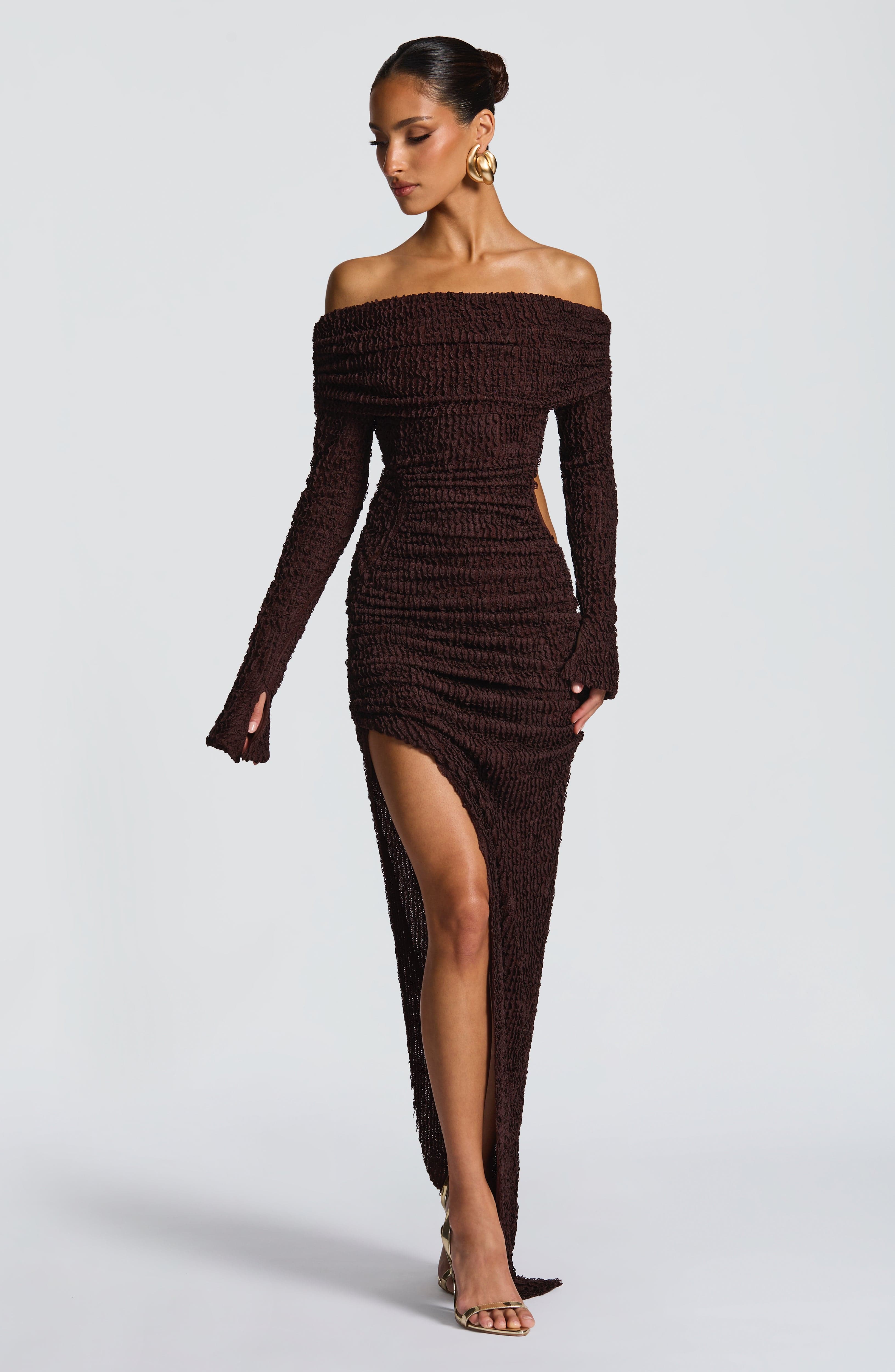Flourenne Delphine Midi Dress in Plum Brown