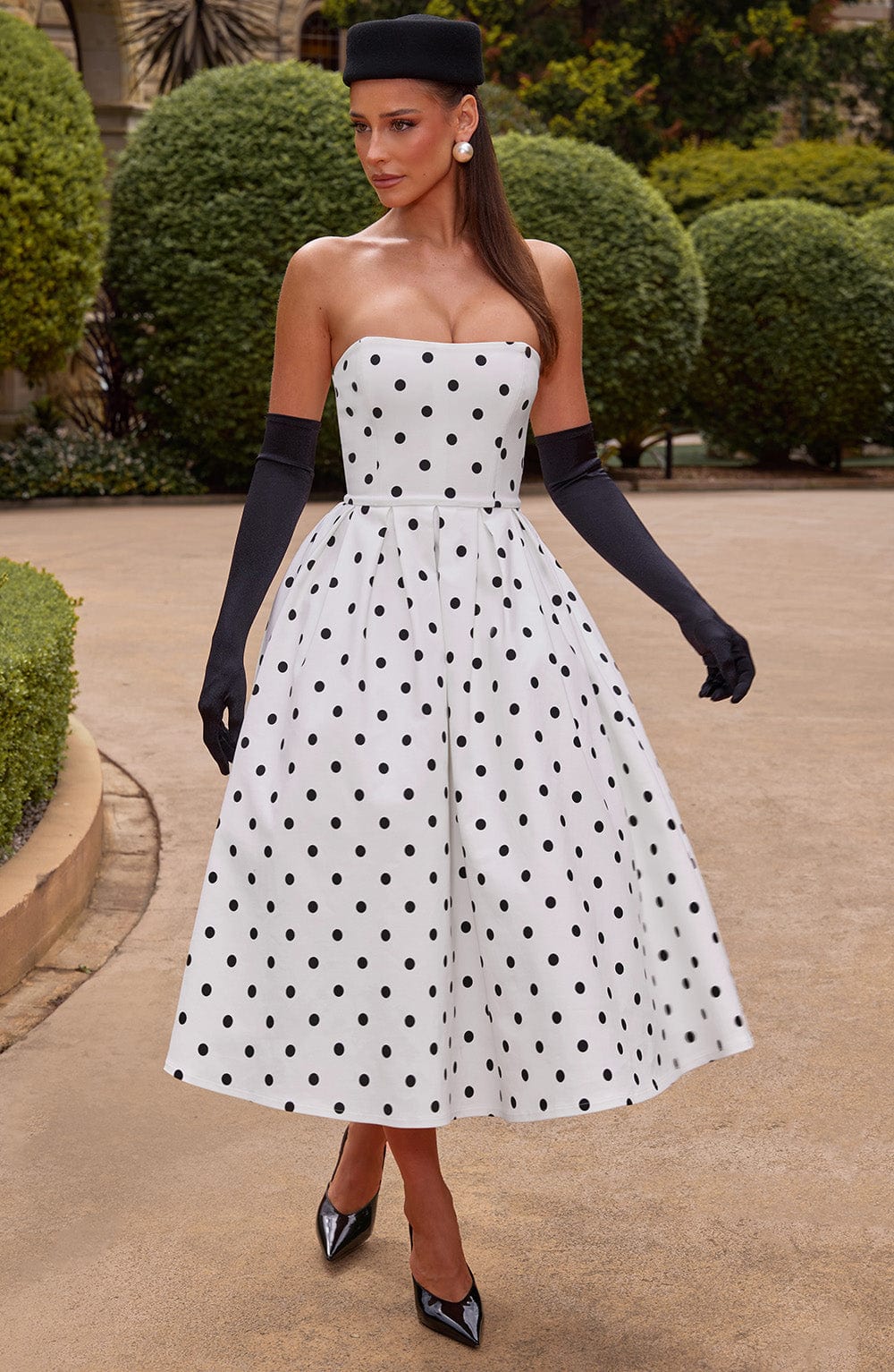 Flourenne Editha Midi Dress in Black Polka Dot Print