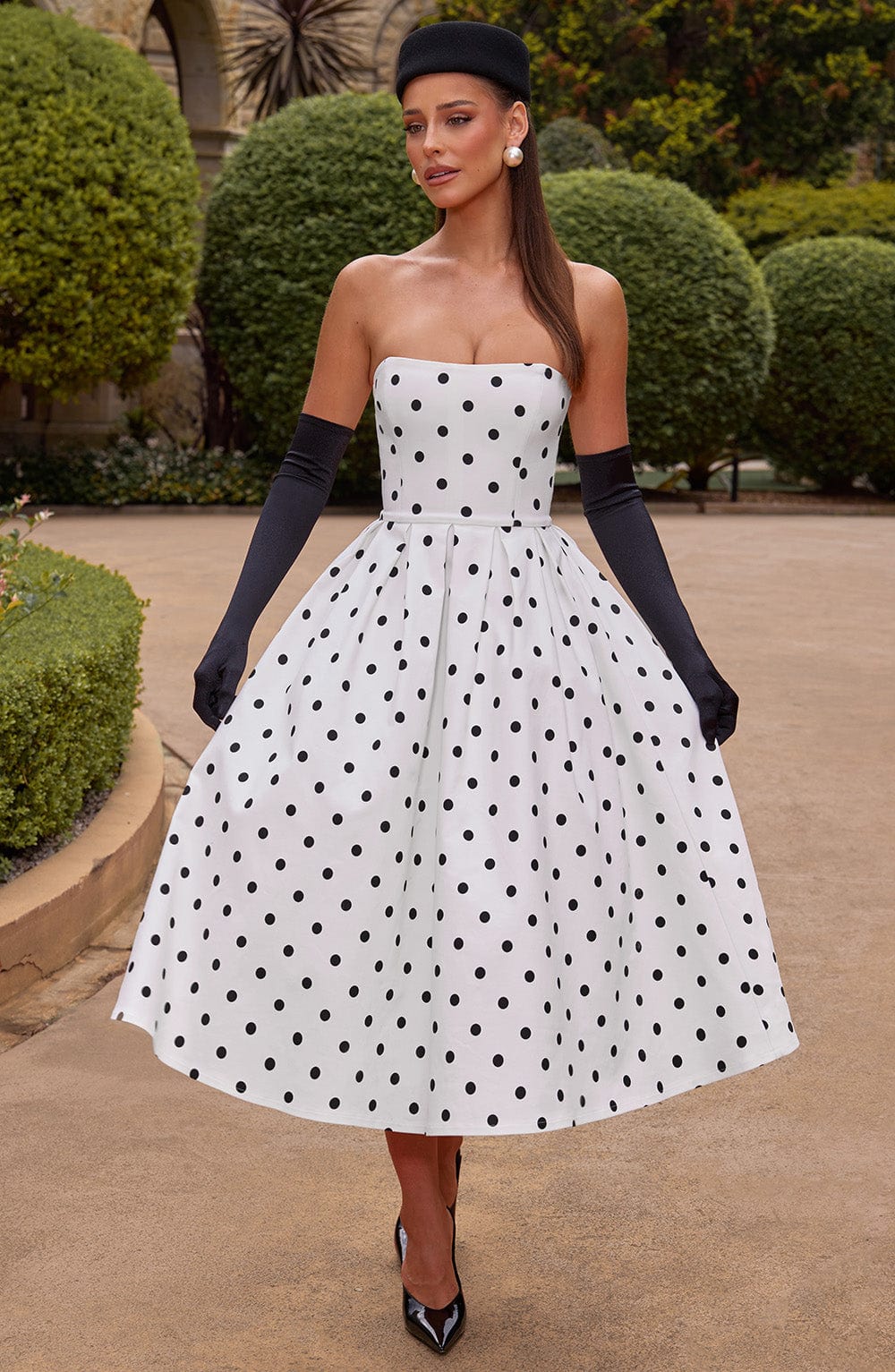 Flourenne Editha Midi Dress in Black Polka Dot Print