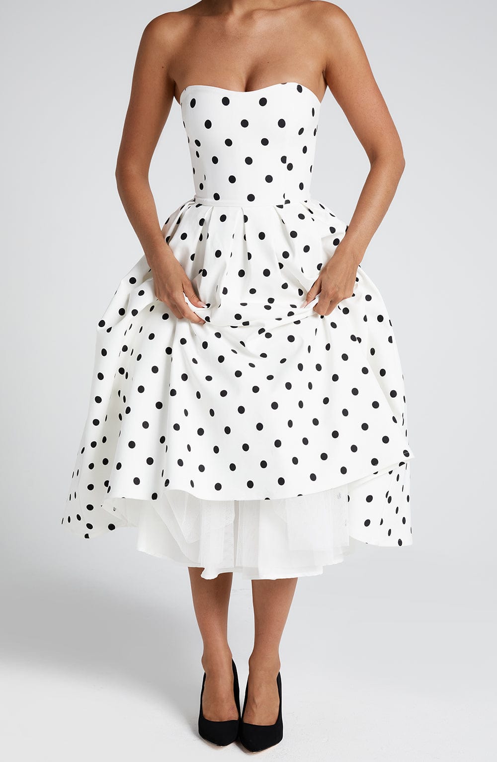 Flourenne Editha Midi Dress in Black Polka Dot Print