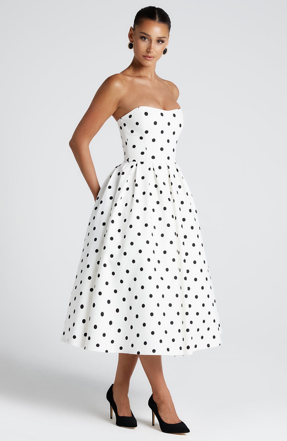 Flourenne Editha Midi Dress in Black Polka Dot Print