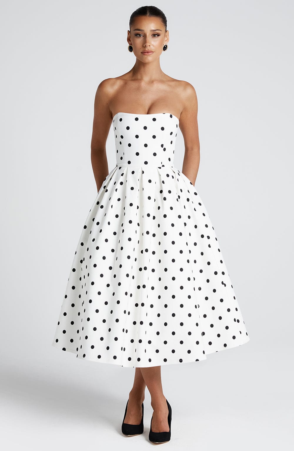 Flourenne Editha Midi Dress in Black Polka Dot Print