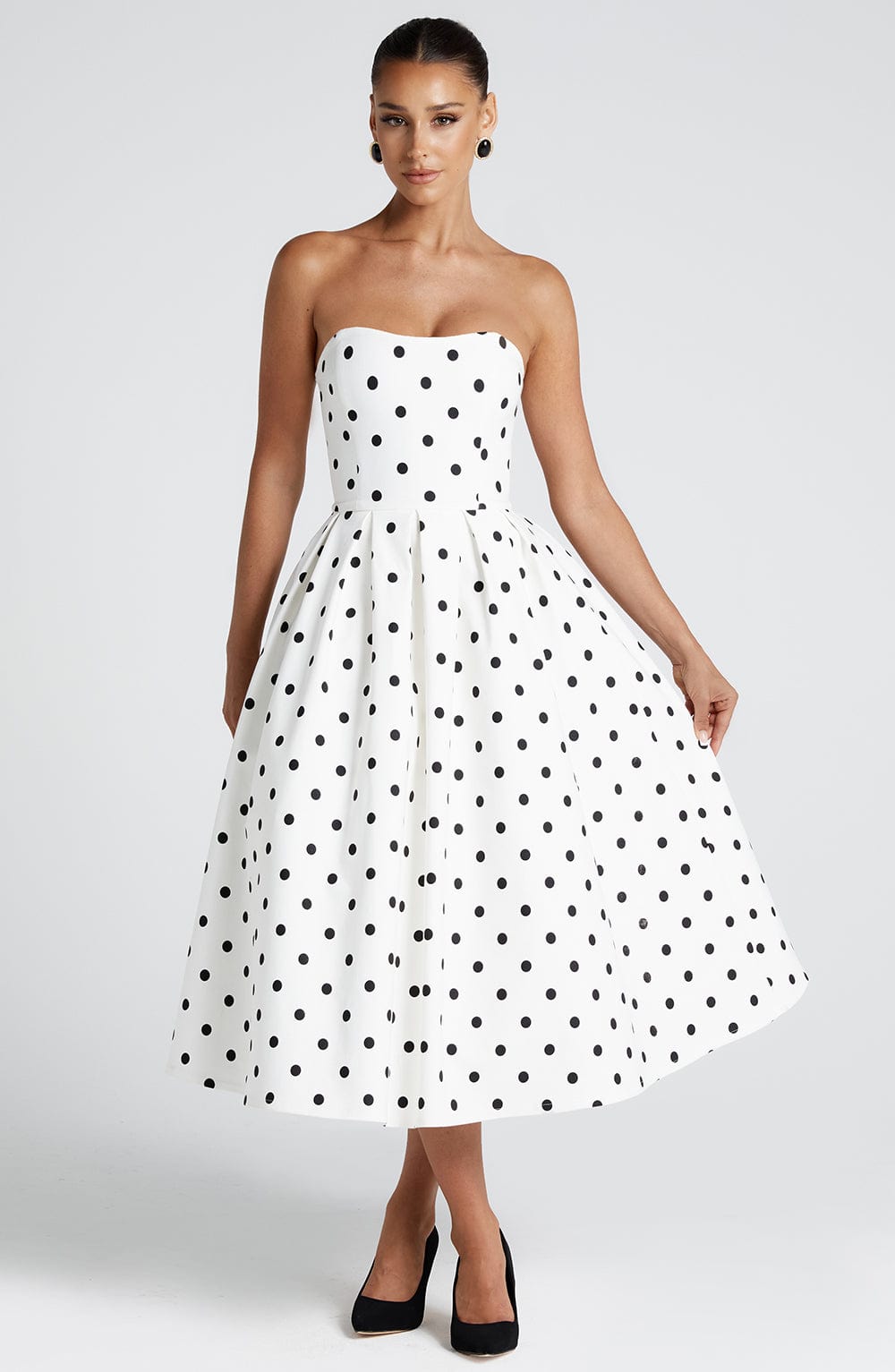 Flourenne Editha Midi Dress in Black Polka Dot Print