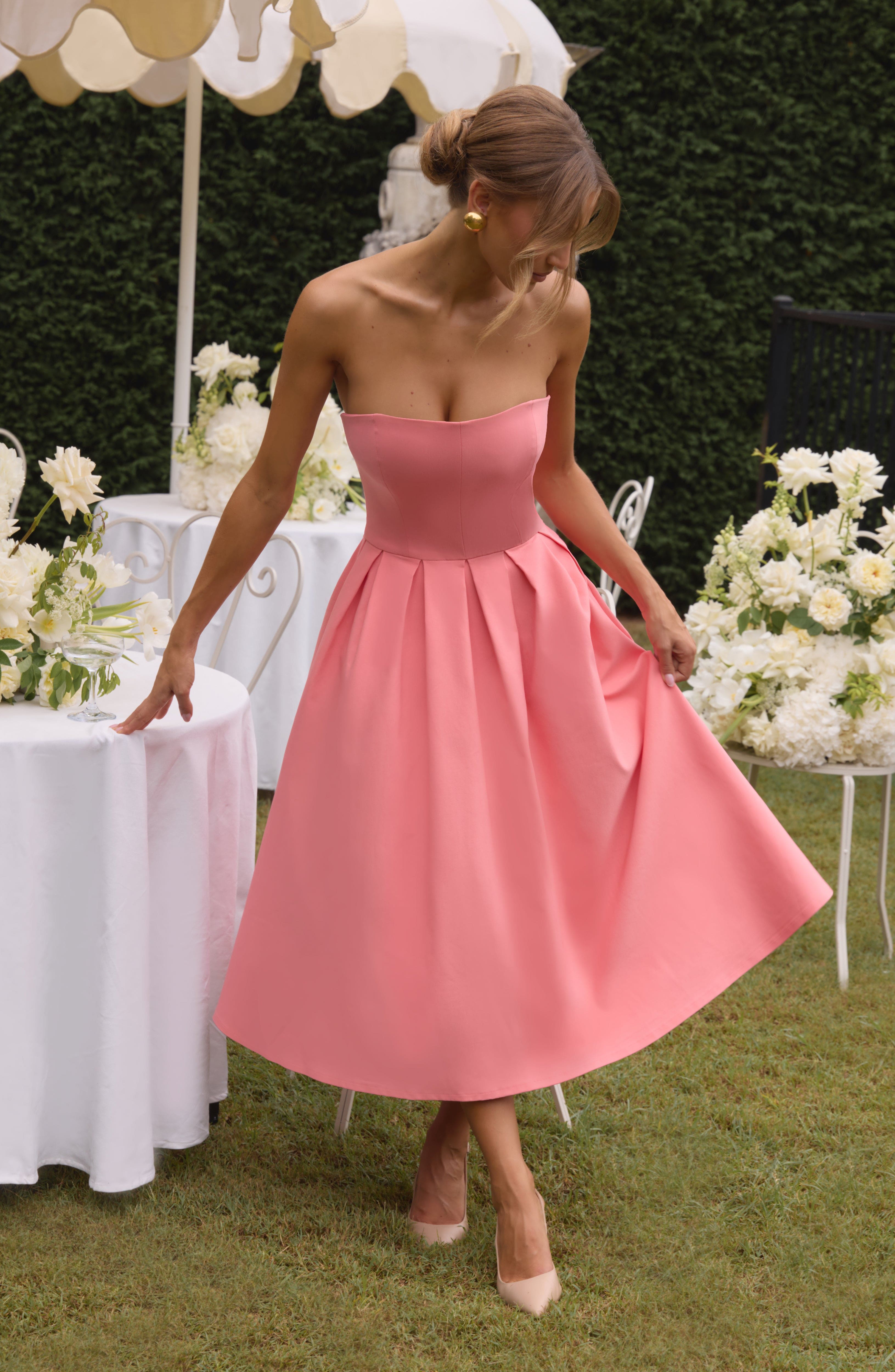 Flourenne Editha Midi Dress in Coral Pink