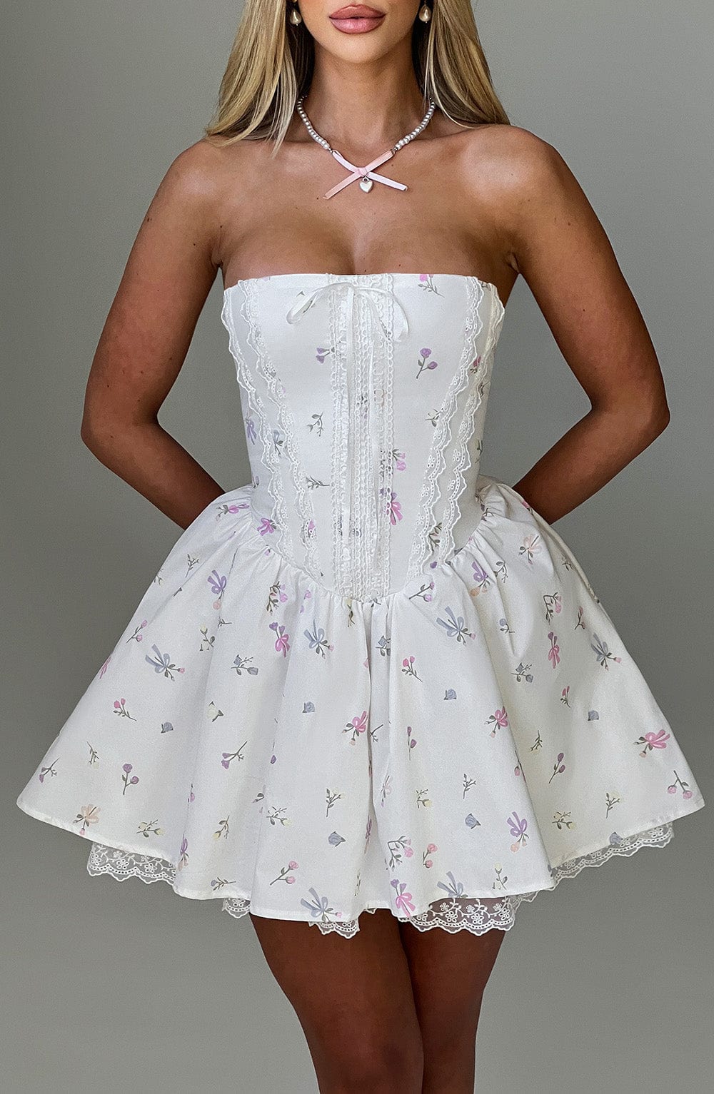 Flourenne Evienne Mini Dress in White Multi Floral Print