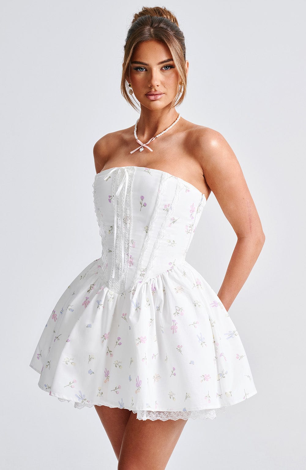 Flourenne Evienne Mini Dress in White Multi Floral Print