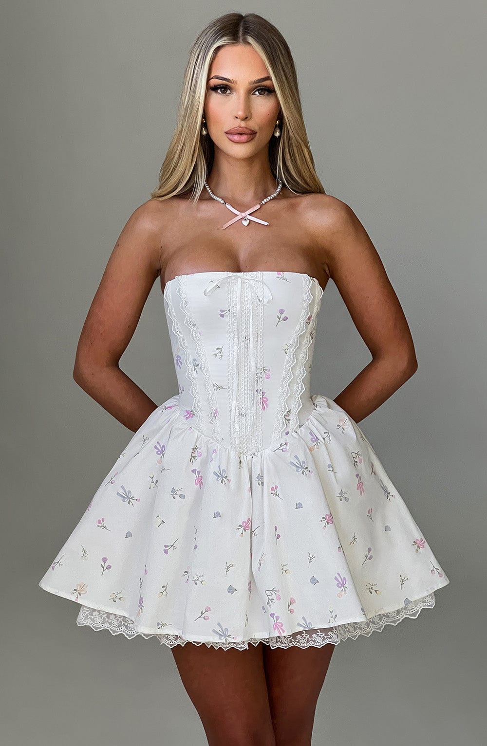 Flourenne Evienne Mini Dress in White Multi Floral Print