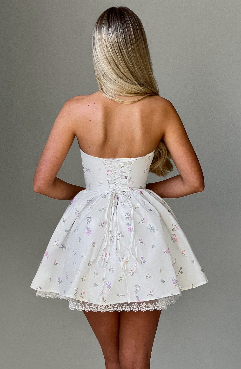Flourenne Evienne Mini Dress in White Multi Floral Print