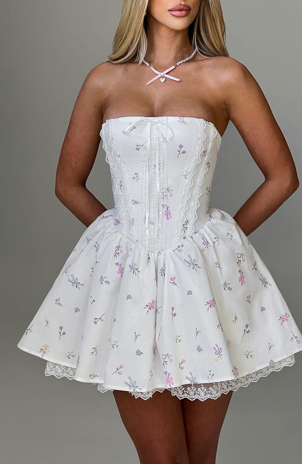 Flourenne Evienne Mini Dress in White Multi Floral Print
