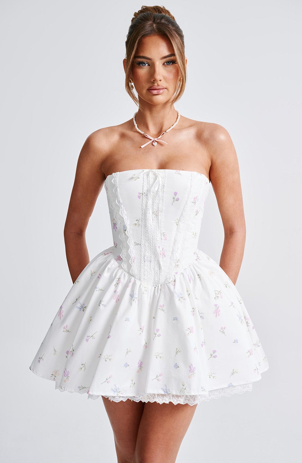 Flourenne Evienne Mini Dress in White Multi Floral Print