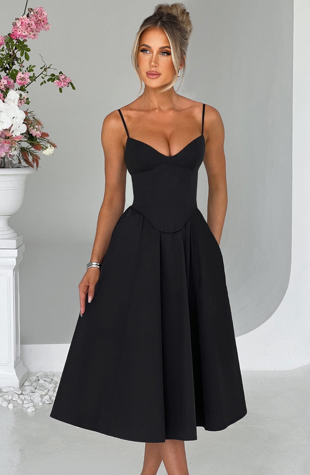 Flourenne Mariella Midi Dress in Black