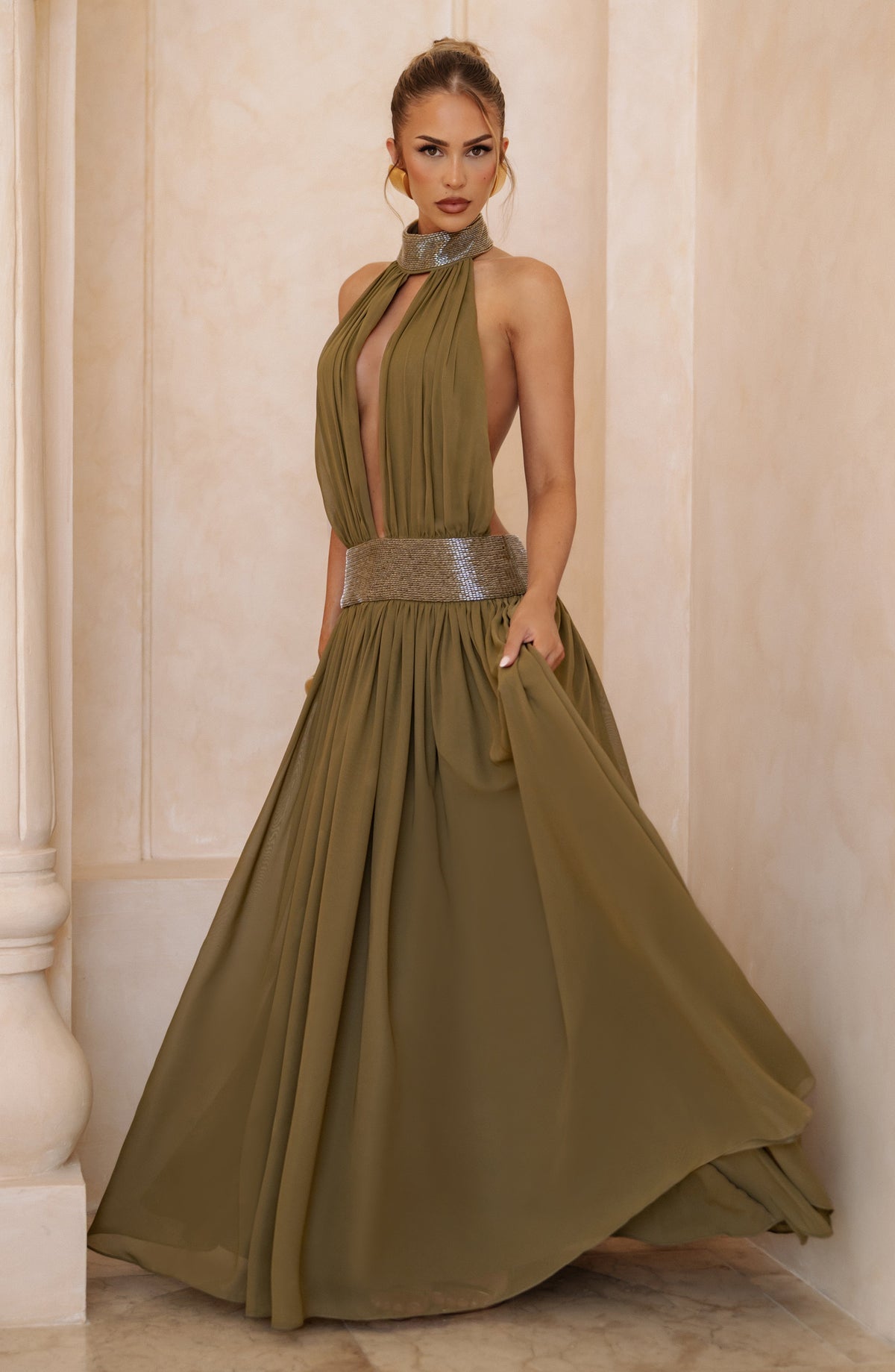 Flourenne Rosaline Maxi Dress in Deep Olive