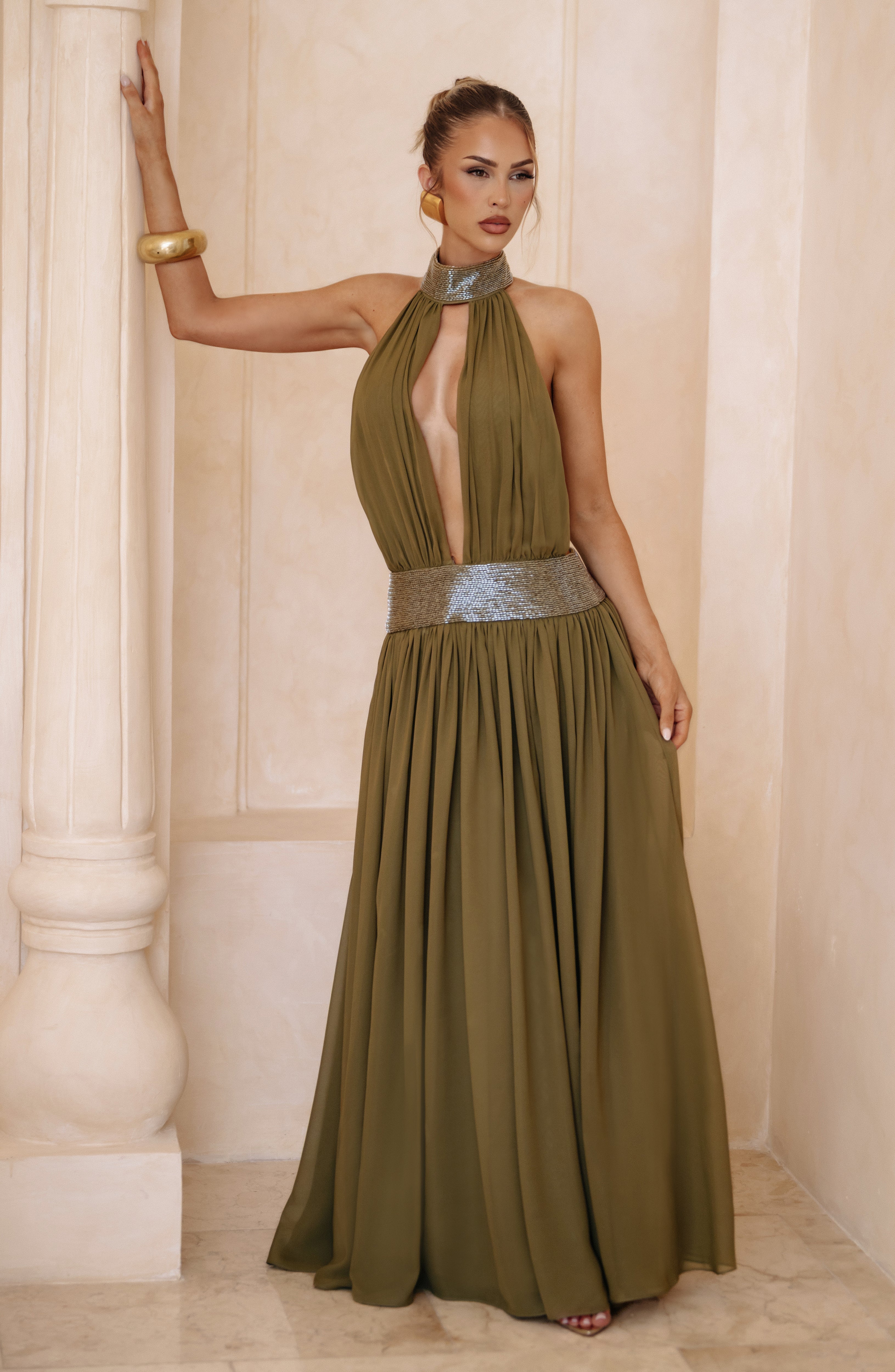 Flourenne Rosaline Maxi Dress in Deep Olive